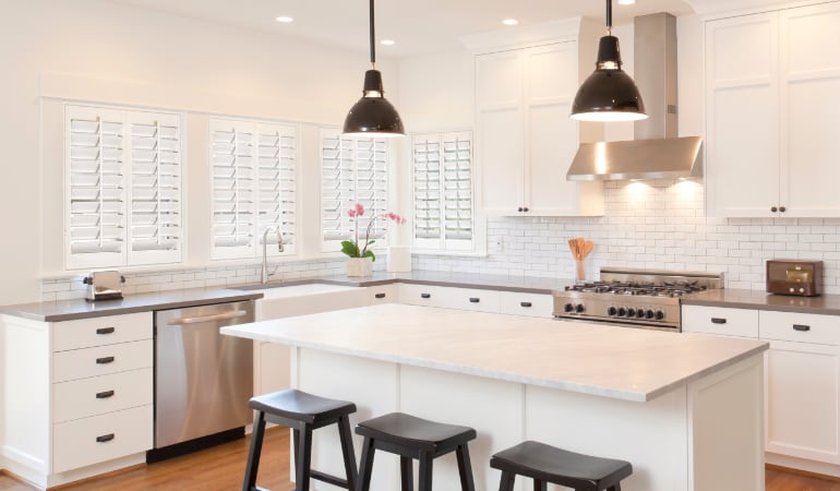 Plantation shutters in a bright Cincinnati kitchen.